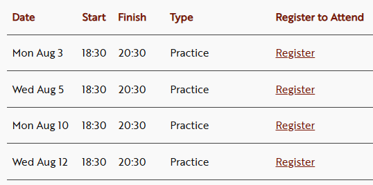 Screenshot of the Sessions page listing a month's ringing sessions, each with a Register link
